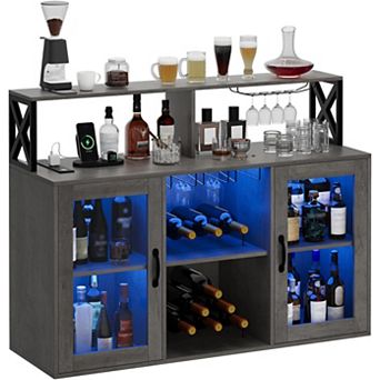Farmhouse Wine Bar with Power Outlets & LED Light, Freestanding Buffet with Wine Rack & Storage