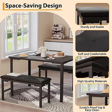 4-Piece Dining Set with 2 Benches & Metal Frame Space-Saving Kitchen Dinette for Dining Room