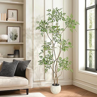 Faux Nandina Tree in Grey Pot - Artificial Floor Plant for Home & Office Decor