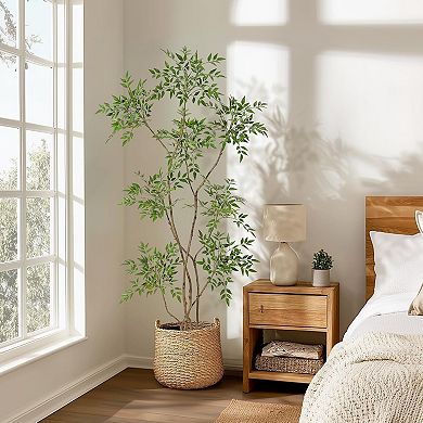 Faux Nandina Tree in Grey Pot - Artificial Floor Plant for Home & Office Decor