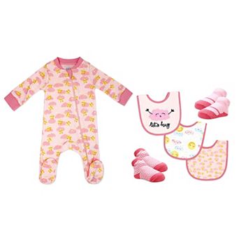 Baby Girls 6 pc Let's Hug Footed Sleeper, Bibs, and Socks Set