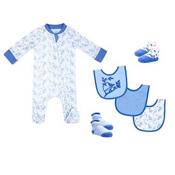 Baby Girls 6 pc Floral Bluebird Footed Sleeper, Bibs, and Socks Set