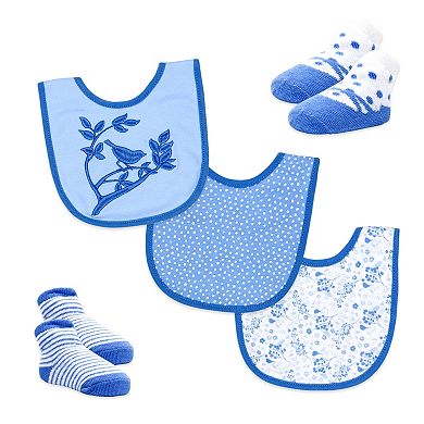 Baby Girls 6 Piece Floral Bluebird Footed Sleeper, Bibs, and Socks Set