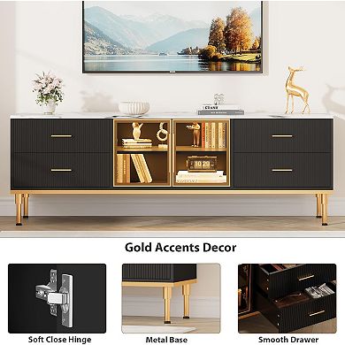 Modern LED TV Stand for 55-75 inch TVs, Glass Door Entertainment Center with Drawers