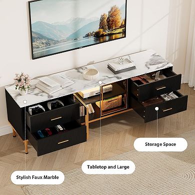 Modern LED TV Stand for 55-75 inch TVs, Glass Door Entertainment Center with Drawers