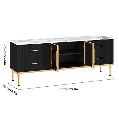 Modern LED TV Stand for 55-75 inch TVs, Glass Door Entertainment Center with Drawers