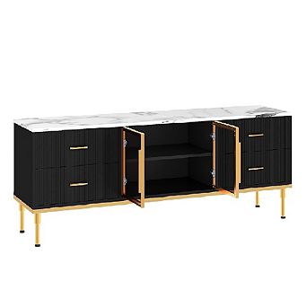 Modern LED TV Stand for 55-75 inch TVs, Glass Door Entertainment Center with Drawers