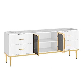 Modern LED TV Stand for 55-75 inch TVs, Glass Door Entertainment Center with Drawers