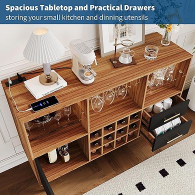 Wine Bar Cabinet with LED Lights, Wine Rack & Charging Station for Living/Dining Room