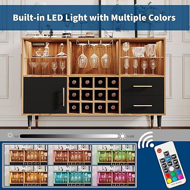Wine Bar Cabinet with LED Lights, Wine Rack & Charging Station for Living/Dining Room