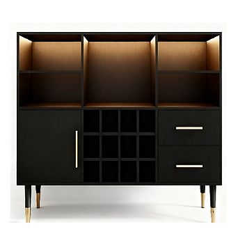 Wine Bar Cabinet with LED Lights, Wine Rack & Charging Station for Living/Dining Room