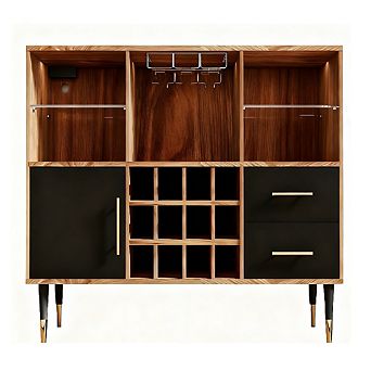 Wine Bar Cabinet with LED Lights, Wine Rack & Charging Station for Living/Dining Room