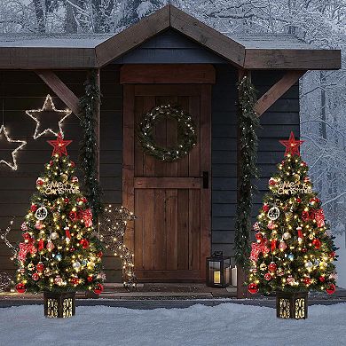 2PCS 4.5FT Artificial Fiber Optic Christmas Tree Pre-Lit Urn Base