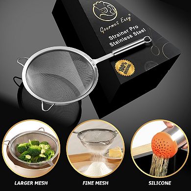 Stainless Steel Fine Mesh Strainer Set - Large Flour Sifter, Small Pasta Sieve & Can Strainer