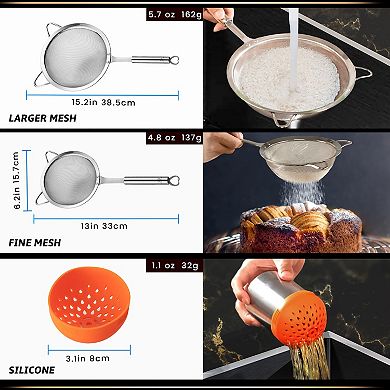 Stainless Steel Fine Mesh Strainer Set - Large Flour Sifter, Small Pasta Sieve & Can Strainer