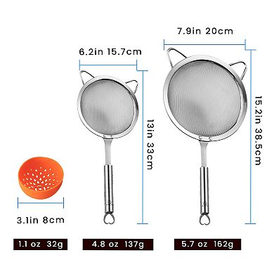 Stainless Steel Fine Mesh Strainer Set - Large Flour Sifter, Small Pasta Sieve & Can Strainer