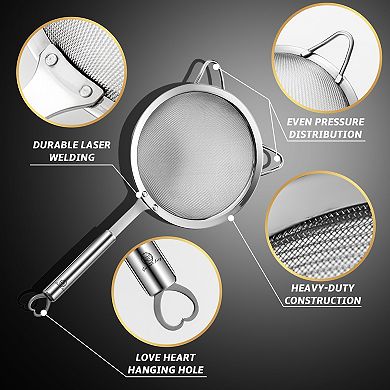 Stainless Steel Fine Mesh Strainer Set - Large Flour Sifter, Small Pasta Sieve & Can Strainer