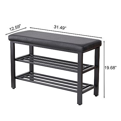 3-Tier Shoe Rack, Shoe Storage Bench with PU Seat Cushion, Black