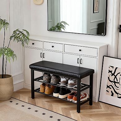 3-Tier Shoe Rack, Shoe Storage Bench with PU Seat Cushion, Black
