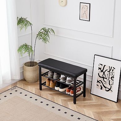 3-Tier Shoe Rack, Shoe Storage Bench with PU Seat Cushion, Black