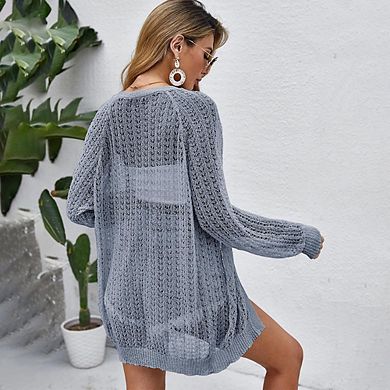 Women Crochet Lightweight Open Front Cardigan Long Sleeve Jacket Summer Cover Up