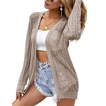 Women Crochet Lightweight Open Front Cardigan Long Sleeve Jacket Summer Cover Up