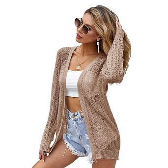 Women Crochet Lightweight Open Front Cardigan Long Sleeve Jacket Summer Cover Up