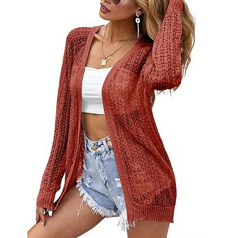 Women Crochet Lightweight Open Front Cardigan Long Sleeve Jacket Summer Cover Up