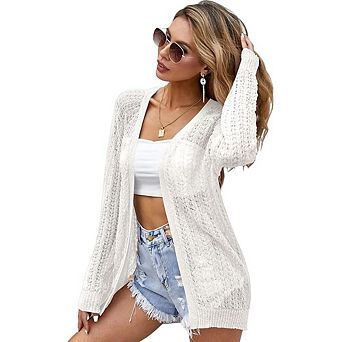 Women Crochet Lightweight Open Front Cardigan Long Sleeve Jacket Summer Cover Up
