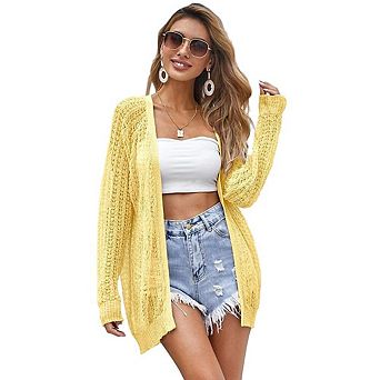 Women Crochet Lightweight Open Front Cardigan Long Sleeve Jacket Summer Cover Up