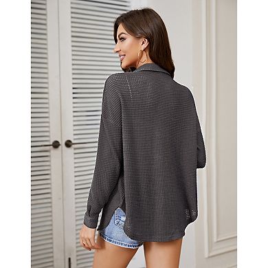 Womens Knit Shirt Waffle Jacket with Bust Pockets Button Down Oversized Blouse Long Sleeve Shirt