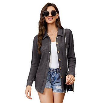 Womens Knit Shirt Waffle Jacket with Bust Pockets Button Down Oversized Blouse Long Sleeve Shirt
