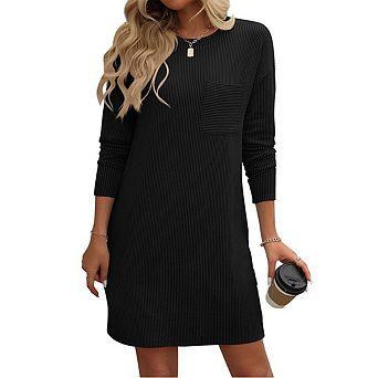 Women's Casual Crew Neck Dresses Long Sleeve A-Line Dresses For Women With Pockets