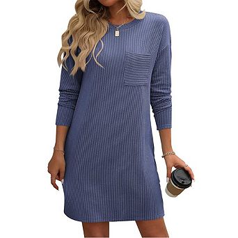 Women's Casual Crew Neck Dresses Long Sleeve A-Line Dresses For Women With Pockets