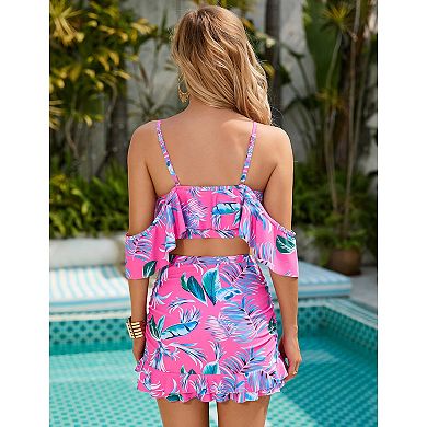Womens Two Piece Swimsuits Ruffle Off Shoulder Flounce Crop Top Spaghetti Strap Swimwear Sets