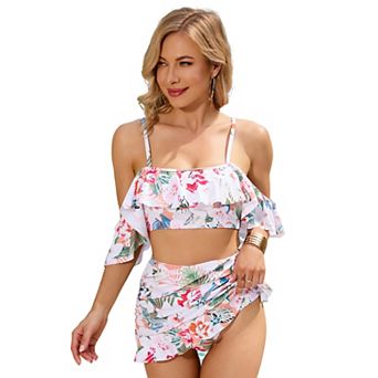Womens Two Piece Swimsuits Ruffle Off Shoulder Flounce Crop Top Spaghetti Strap Swimwear Sets