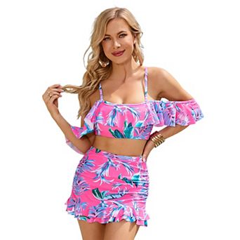 Womens Two Piece Swimsuits Ruffle Off Shoulder Flounce Crop Top Spaghetti Strap Swimwear Sets
