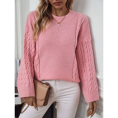 Women's Solid Knit Cable Sweater Casual Long Lantern Sleeve Pullover Crew Neck Knitted Tops