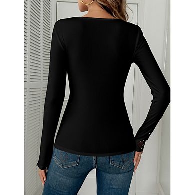 Women's Rhinestone Sparkly Lace T Shirt Long Sleeve Fitted Knit Top