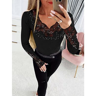 Women's Rhinestone Sparkly Lace T Shirt Long Sleeve Fitted Knit Top