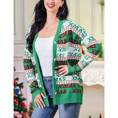 Women's Ugly Christmas Sweater Open Front Knitted Long Sleeve Button Down Cardigan
