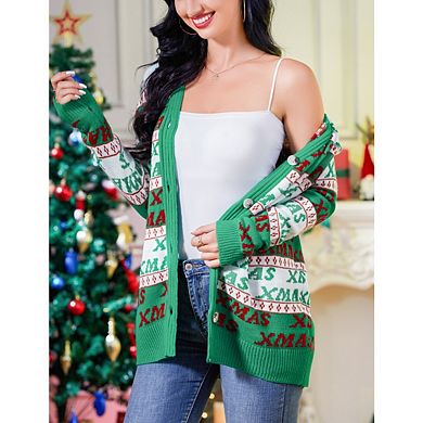 Women's Ugly Christmas Sweater Open Front Knitted Long Sleeve Button Down Cardigan