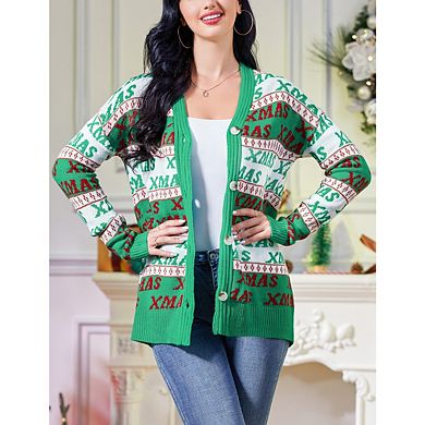 Women's Ugly Christmas Sweater Open Front Knitted Long Sleeve Button Down Cardigan