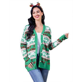 Women's Ugly Christmas Sweater Open Front Knitted Long Sleeve Button Down Cardigan