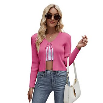 Summer Cardigan for Women Cropped Front Tie Sweaters with Eyelet Knit Rib Texture