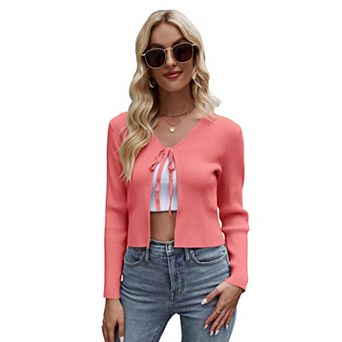 Summer Cardigan for Women Cropped Front Tie Sweaters with Eyelet Knit Rib Texture