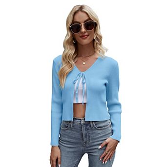 Summer Cardigan for Women Cropped Front Tie Sweaters with Eyelet Knit Rib Texture