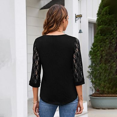 Seoria Womens 3/4 Sleeve Blouse with Patchwork Lace, Elegant Solid Casual Top for Spring Summer