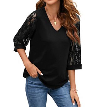 Seoria Womens 3/4 Sleeve Blouse with Patchwork Lace, Elegant Solid Casual Top for Spring Summer