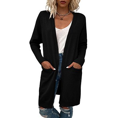 Women Knit Cardigan Long Sleeve with Pockets Casual Open Front Sweater Coat